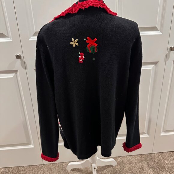 Black and red Christmas sweater with Santa, gifts, Christmas trees, embroidery - Picture 4 of 4